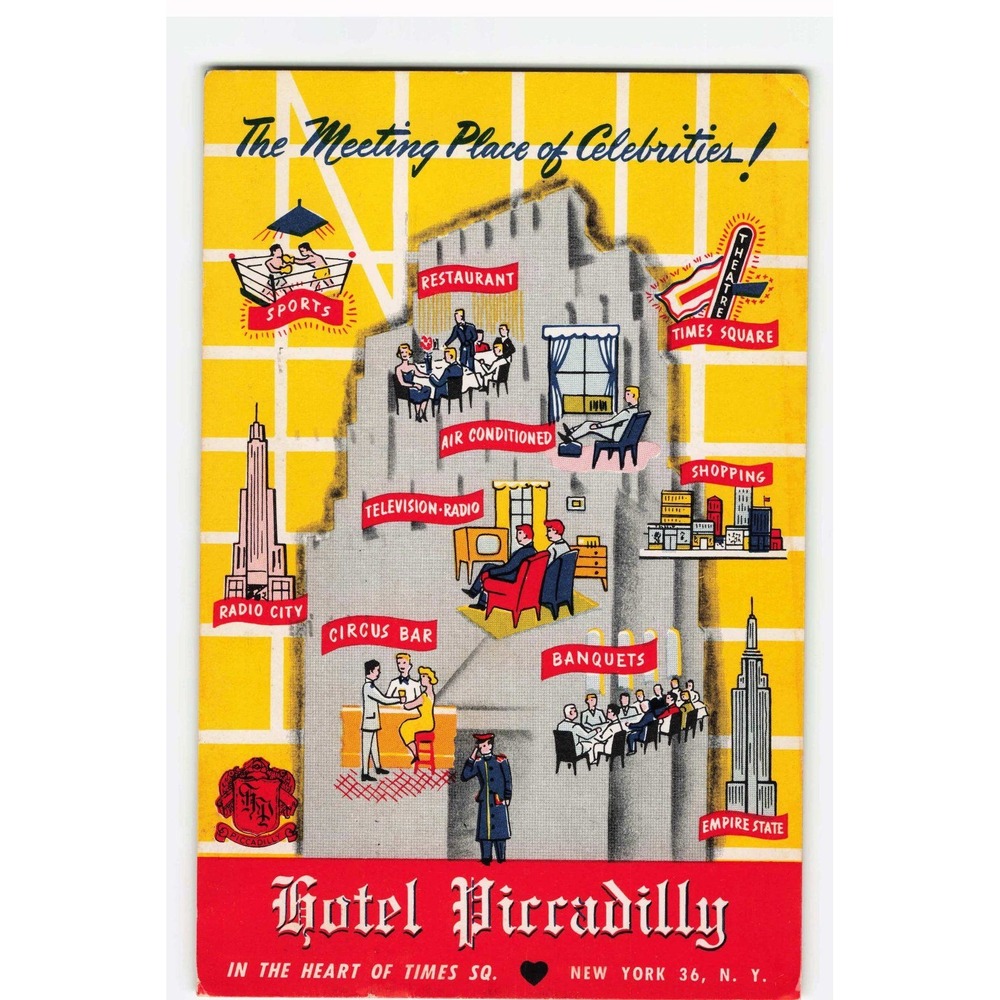 Vintage Hotel Piccadilly New York City Postcard 1958 Postmarked Circus Bar NYC